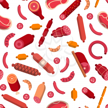 Vector flat meat and sausages icons on white pattern or background illustration