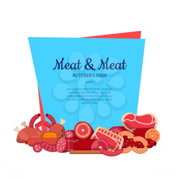 Vector flat meat and sausages icons below frame with place for text illustration