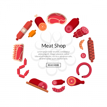 Vector flat meat and sausages icons in circle shape with place for text illustration