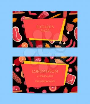 Vector flat meat and sausages icons business card template for butchers shop illustration