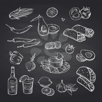 Vector sketched mexican food elements set on black chalkboard. Illustration of mexican food, burrito and taco drawing