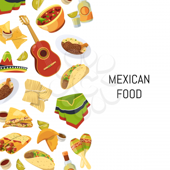Vector cartoon mexican food background with place for text illustration. Guitar and food