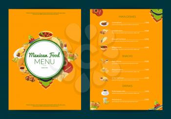 Vector cartoon mexican food cafe or restaurant menu template illustration. Flat style design