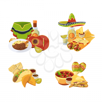 Vector cartoon mexican food piles set isolated on white background illustration. Mexican food and lunch, chili and spice traditional