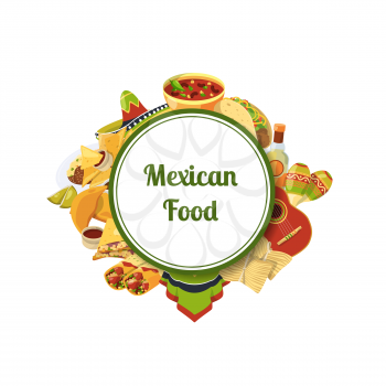Vector cartoon mexican food elements under circle with place for text illustration isolated on white