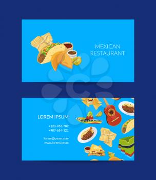 Vector cartoon mexican food business card template for mexican cuisine restaurant or cafe illustration
