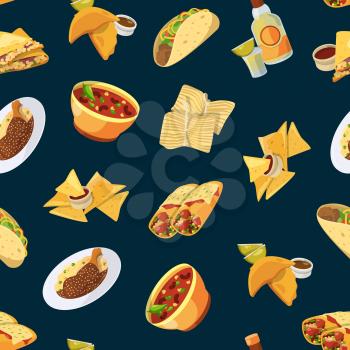 Vector cartoon mexican food pattern or background illustration. Mexico taco and chili, burrito and nachos