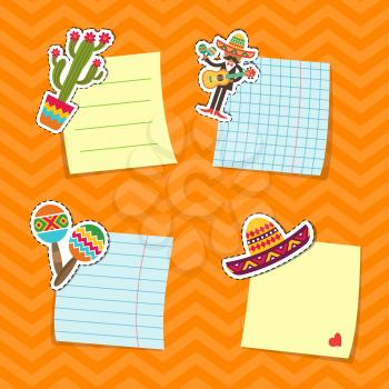 Vector flat Mexico attributes stickers with paper sheets set illustration