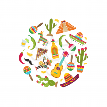 Vector flat Mexico attributes in circle shape illustration. Musician mexican tequila and chili isolated on white