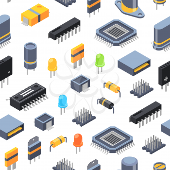 Vector isometric colored microchips and electronic parts icons seamless pattern or background illustration