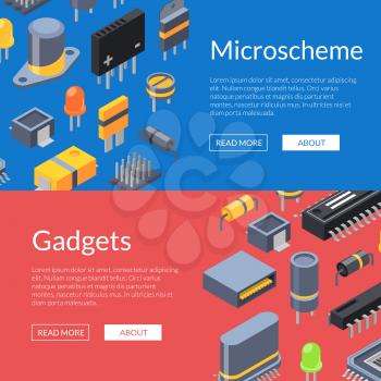 Vector isometric microchips and electronic parts icons web banner templates illustration