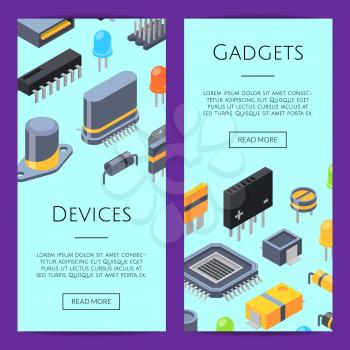 Electronics Cards. Vector isometric microchips and electronic parts icons web banner templates illustration