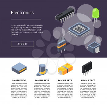 Vector isometric microchips and electronic parts icons landing page template illustration