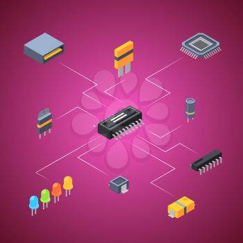 Vector isometric microchips and electronic parts icons infographic connection concept illustration