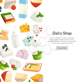 Vector cartoon dairy and cheese products background with place for text illustration. Food web banner