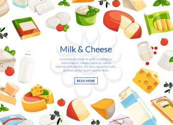 Vector cartoon dairy and cheese products background with place for text illustration