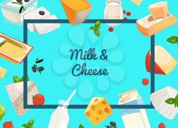 Banner and web page poster vector cartoon dairy and cheese products background with place for text illustration