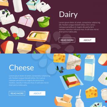 Vector cartoon dairy and cheese products web banner templates illustration
