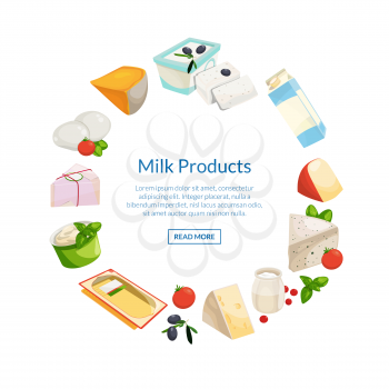 Vector cartoon dairy and cheese products in circle shape with place for text illustration