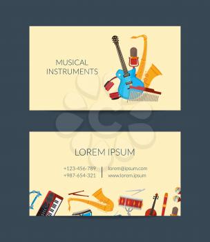 Vector cartoon musical instruments business card template for music shop illustration