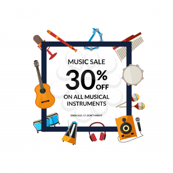 Vector cartoon musical instruments flying around frame with place for text illustration
