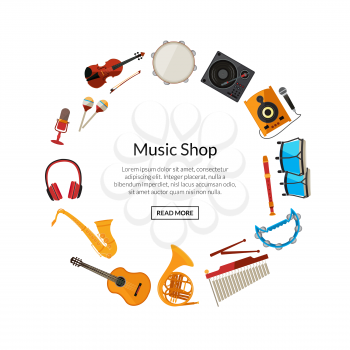 Vector cartoon musical instruments in circle shape with place for text illustration