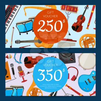 Vector cartoon musical instruments discount or gift voucher templates illustration