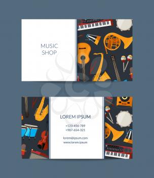Vector cartoon musical instruments business card template for music shop illustration