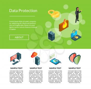 Vector isometric data and computer safety icons landing page template illustration and web banner poster
