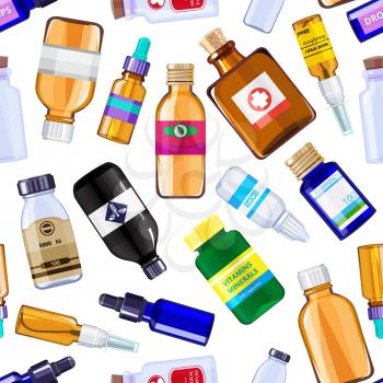 Vector colored pharmacy medicine bottles and pills pattern or background illustration