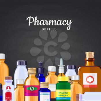 Vector pharmacy medicine bottles background on black chalkboard illustration with place for text