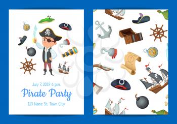 Vector cartoon sea pirates birthday party invitation banner and poster template illustration