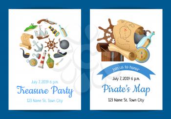Vector cartoon sea pirates birthday party invitation template illustration. Pirate party invitation poster, adventure ocean with treasure