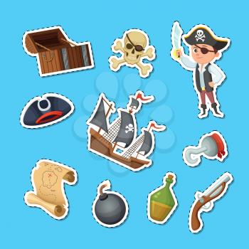 Vector cartoon sea pirates stickers set illustration. Pirate cartoon sticker, pistol and map, hook and bomb