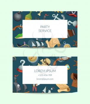 Vector cartoon sea pirates business card template for birthday parties event manager illustration