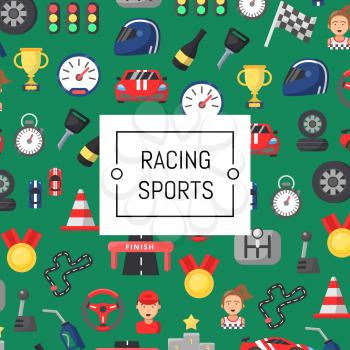 Vector flat car racing icons background with badge tag place for text illustration