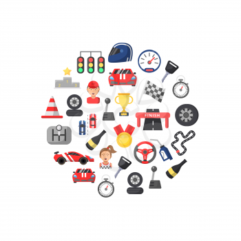 Vector flat car racing icons in circle shape isolated on white background illustration