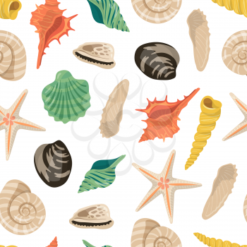 Vector cartoon sea shells of set on white pattern or background illustration