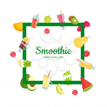 Vector flat smoothie elements flying around frame with place for text illustration isolated on white