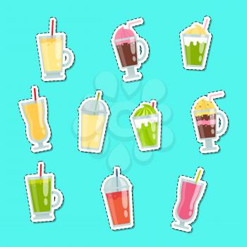Vector flat smoothie elements stickers set illustration isolated on blue