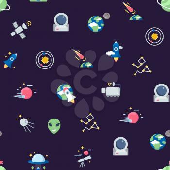 Vector flat space icons pattern or background illustration. Universe galaxy with star and rocket, seamless background