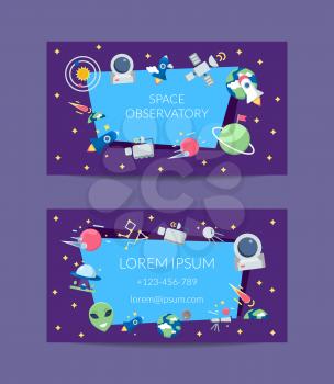 Vector flat space icons business card template illustration. Business card observatory contact