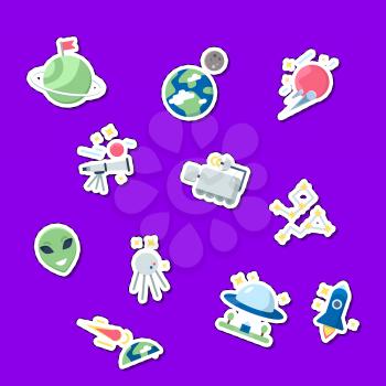 Vector flat space icons stickers set illustration isolated on purple background