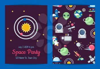 Vector flat space icons party invitation template illustration. Banner in cosmos style