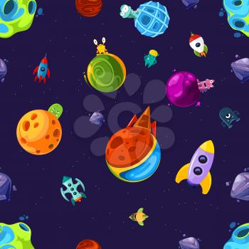 Vector pattern or background illustration with cartoon space planets and ships. Pattern space with planet alien and spaceship extraterrestrial