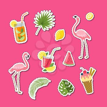 Vector flat cute summer elements, cocktails, flamingo, palm leaves stickers set illustration. Leaf of palm, watermelon and cocktail tropic