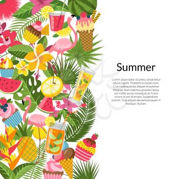 Vector flat cute summer elements, cocktails, flamingo, palm leaves background with place for text illustration