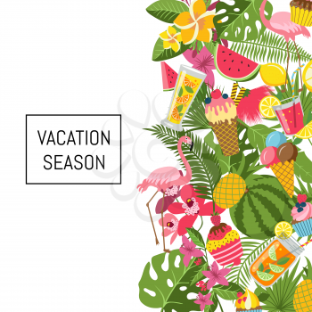 Vector flat cute summer elements, cocktails, flamingo, palm leaves background with place for text illustration