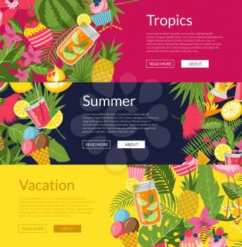 Vector flat cute summer elements, cocktails, flamingo, palm leaves web banner templates illustration