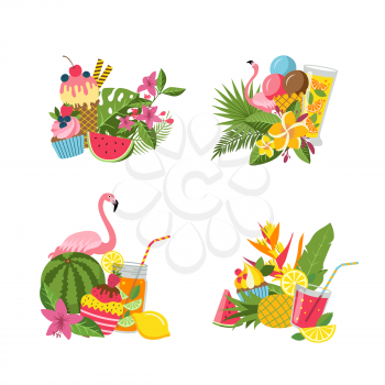 Vector flat cute summer elements, cocktails, flamingo, palm leaves piles set isolated on white background illustration. Watermelon and pineapple, flamingo and flower, summertime vacation